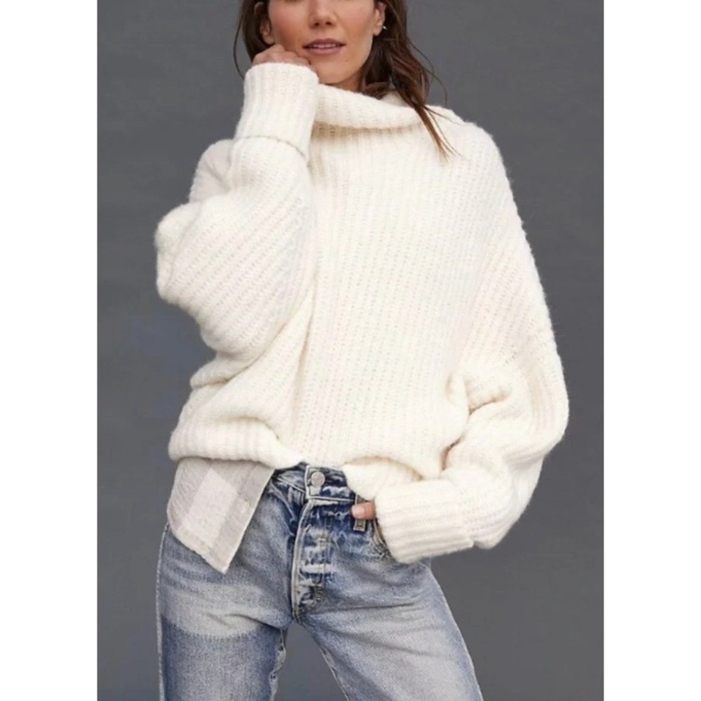 MAEVE x ANTHROPOLOGIE Semi-Cropped Cuff Sleeve Mock Neck Chunky Knit Sweater